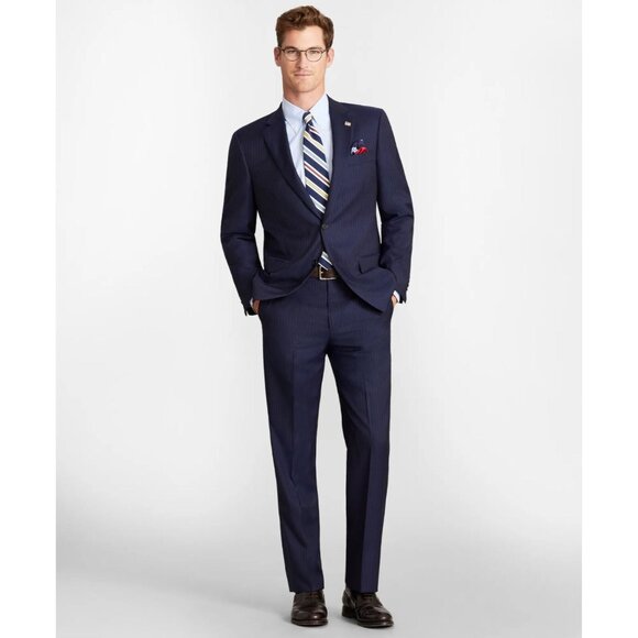 Men's BROOKS BROTHERS Madison Navy Pinstripe Wool 1818 Suit, Size 45L/40W - Picture 1 of 16